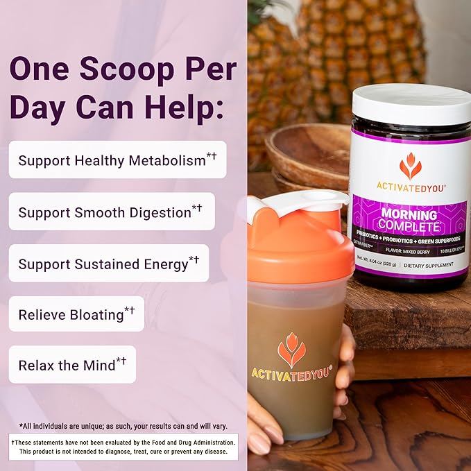 ACTIVATEDYOU Morning Complete Daily Wellness Greens Superfood Drink Mix for Gut Health w/Prebiotics, Probiotics, Antioxidants, Green Superfoods, 10 Billion CFUs, 30 Servings (Mixed Berry)