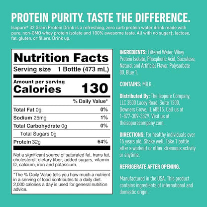 Isopure Zero Carb 32g Protein Ready-to-Drink, Whey Protein Isolate, Blue Raspberry, 16 Fl Oz (12 Bottles)