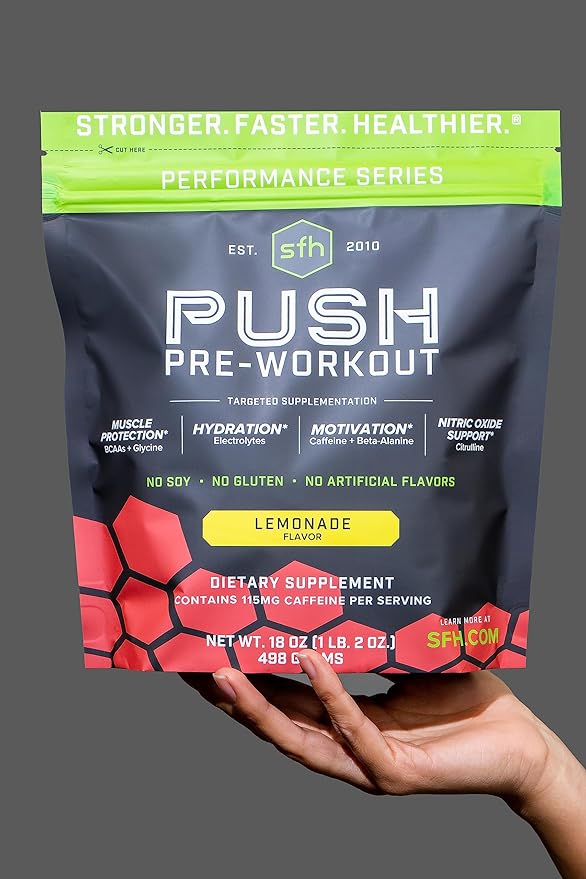 SFH Push Pre-Workout Powder (Lemonade) BCAAs for Muscle Repair | Electrolytes | Non-Dairy, No Artificial Flavors, Colors, Sugar, Soy, Gluten, or GMOs (Bag)