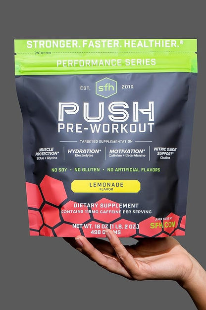 SFH Push Pre-Workout Powder (Lemonade) BCAAs for Muscle Repair | Electrolytes | Non-Dairy, No Artificial Flavors, Colors, Sugar, Soy, Gluten, or GMOs (Bag)