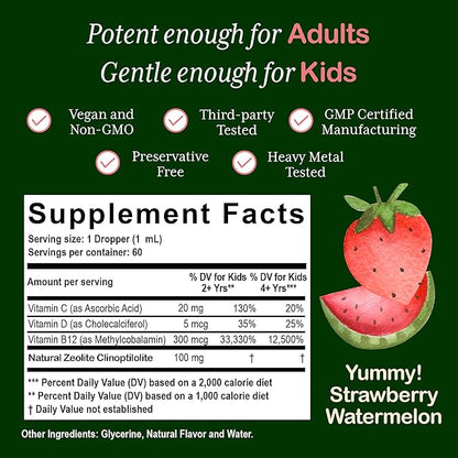 Heavy Metal Detox for Kids and Adults | Natural Zeolite Detox | Methyl Vitamin B12, C and D3 for added Energy, Immune, and Focus | 2 oz liquid drops (60 Servings) | No Preservatives, Vegan, Non-GMO