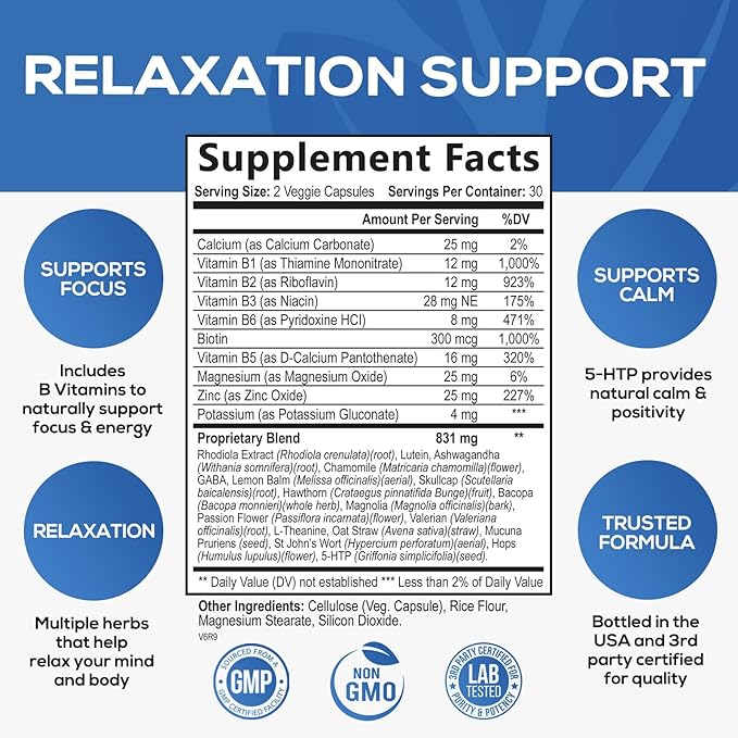Natural Unwind, Calm, & Relax Support with Ashwagandha, GABA, Magnesium, 5-HTP, L-Theanine & B Vitamins, Natural Focus, Energy & Immune Support - Nature's Non-GMO, Vegan, Gluten Free - 60 Capsules