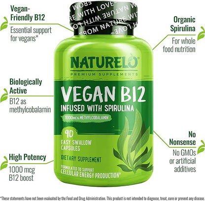NATURELO Vegan B12 - Methyl B12 with Organic Spirulina - High Potency Vitamin B12 1000 mcg Methylcobalamin - Supports Healthy Mood, Energy, Heart & Eye Health - 90 Capsules