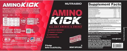 NutraBio Amino Kick - Amino Acid Energy Formula - BCAA's, Electrolytes for Hydration, Natural Caffeine- 30 Servings(Hibiscus Strawberry Buzz)