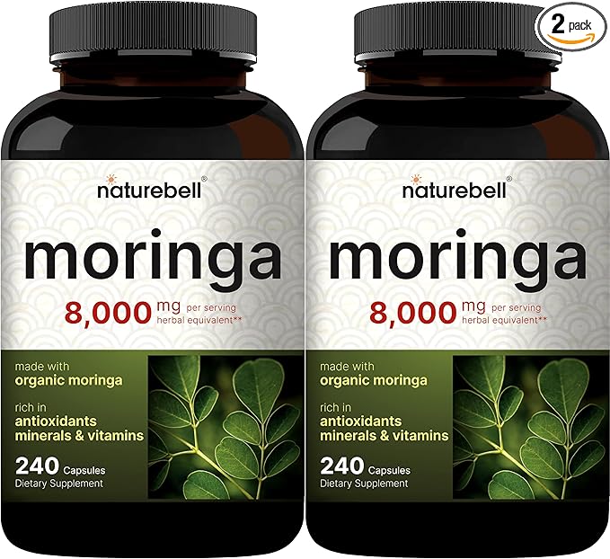 NatureBell 2 Pack Moringa Capsules 8000mg Per Serving, 480 Total Capsules | Green Superfood, Skin Health & Immune Support | Non-GMO, Gluten Free