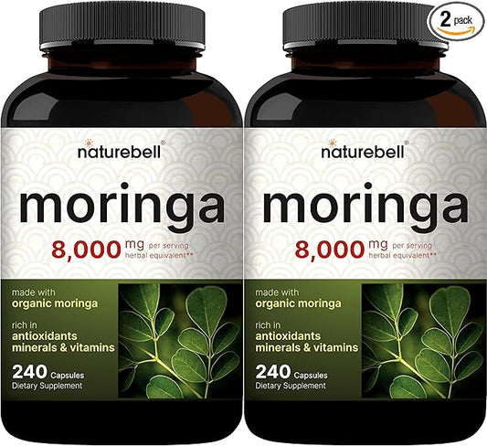 NatureBell 2 Pack Moringa Capsules 8000mg Per Serving, 480 Total Capsules | Green Superfood, Skin Health & Immune Support | Non-GMO, Gluten Free