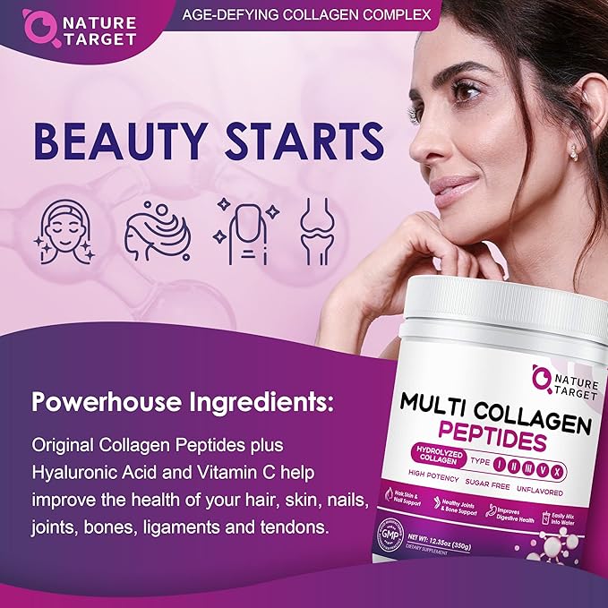 NATURE TARGET Multi Collagen Peptides Powder - Type I, II, III, V, X - Hydrolyzed Collagen Peptides with Vitamin C Hyaluronic Acid, Supports Skin Hair Nail & Joint, Grass-Fed, Non-GMO, 35 Servings