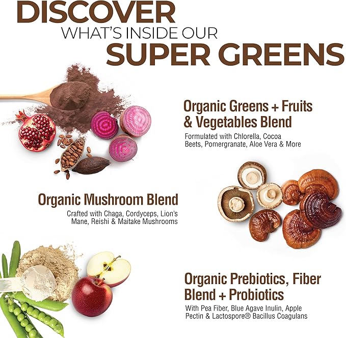 COUNTRY FARMS Super Greens Chocolate Flavor, 50 Organic Super Foods, USDA Organic Drink Mix, Fruits, Vegetables, Super Greens, Mushrooms & Probiotics, Supports Energy, 40 Servings, 10.6 Oz, 2 Pack