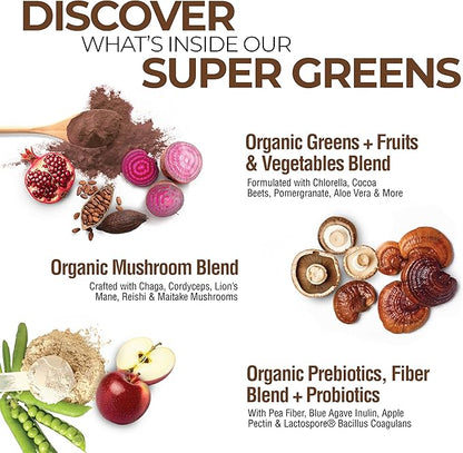 COUNTRY FARMS Super Greens Chocolate Flavor, 50 Organic Super Foods, USDA Organic Drink Mix, Fruits, Vegetables, Super Greens, Mushrooms & Probiotics, Supports Energy, 40 Servings, 10.6 Oz, 2 Pack