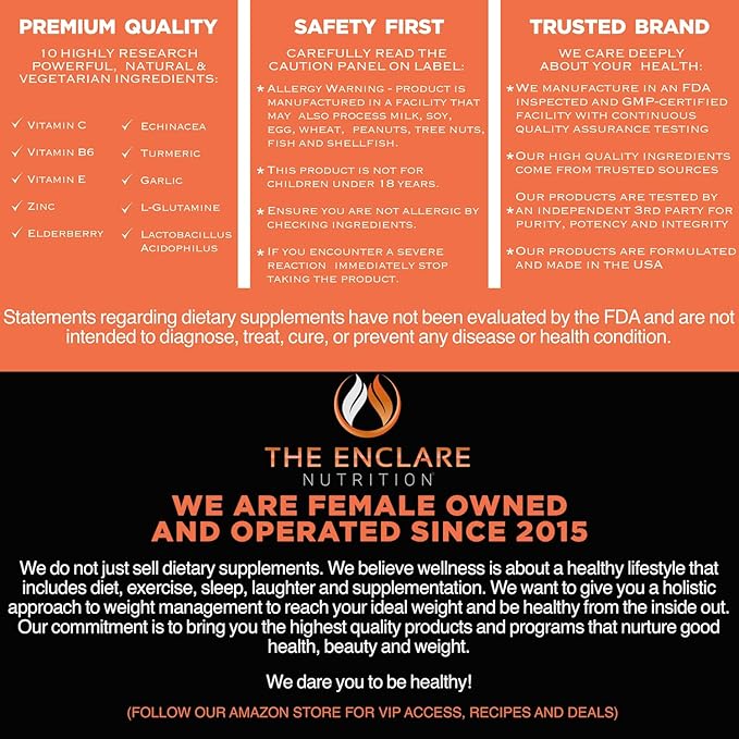 THE ENCLARE NUTRITION 10 in 1 Immune Support Booster Supplement with Echinacea, Vitamin C and Zinc, Turmeric, Ginger, B6, Elderberry for Adults Immunity Defense Vitamins, Made in USA Veg Cap 60 Ct (1)