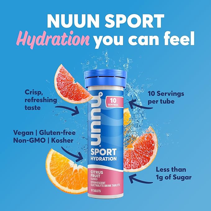 Nuun Sport Electrolyte Tablets - Dissolvable in Water, Citrus Fruit, 5 Essential Electrolytes for Hydration, 1g Sugar Drink Mix, Vegan, Non-GMO, 4 Pack (40 Total Servings)