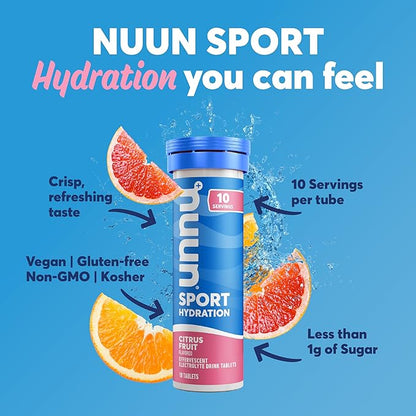 Nuun Sport Electrolyte Tablets - Dissolvable in Water, Citrus Fruit, 5 Essential Electrolytes for Hydration, 1g Sugar Drink Mix, Vegan, Non-GMO, 4 Pack (40 Total Servings)