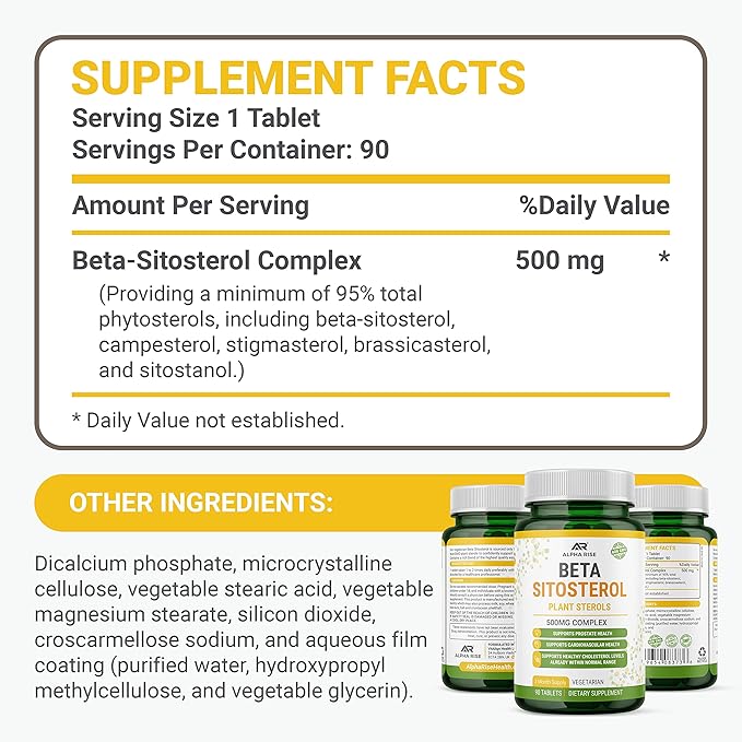 Beta Sitosterol - 500mg Tablets - Non-GMO - Support Prostate and Healthy Cholesterol Levels - Phytosterols Complex - Natural Plant Sterols and Stanols