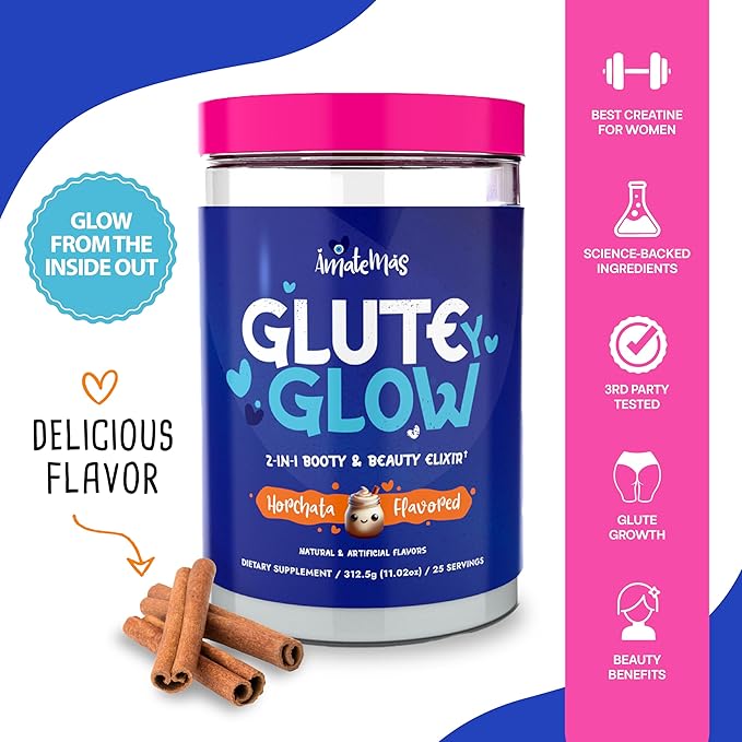 Glute Y Glow, Creatine for Women 2-in-1 Booty & Beauty Elixir W/Creatina para Glúteos┃Supports Faster Hair Growth, Stronger Nails & Glowing Skin - Horchata Flavor