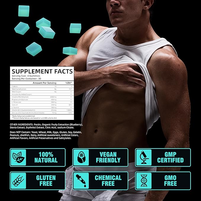 Creatine Monohydrate Gummies 5g for Men & Women - 120 Sugar Free Gummies with Magnesium Glycinate, L-Threonate, L-Taurine + Vitamin B12 for Muscle Support, Energy Boost, (Blueberry Flavor)