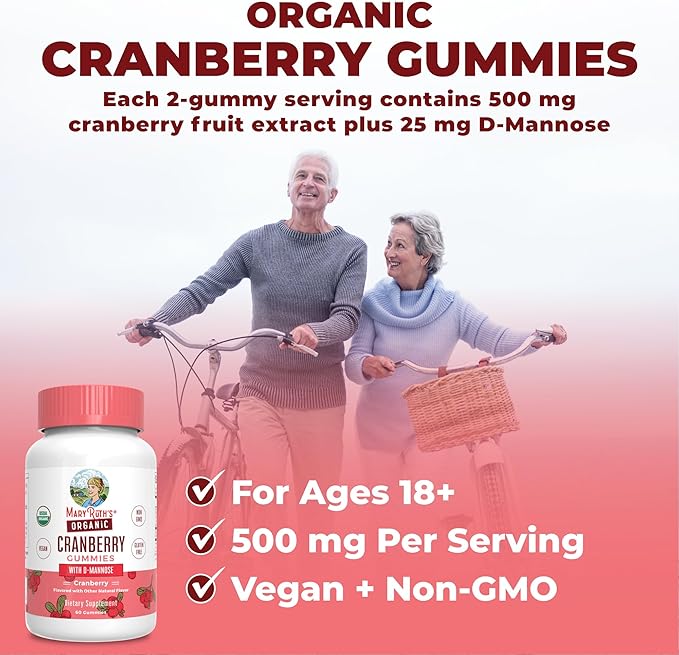 MaryRuth Organics Organic Cranberry Gummies | Cranberry Supplement | Urinary Tract Health for Women | with D Mannose | 500mg Cranberry | Traditional Use | USDA Organic | Vegan | Non GMO | 30 Servings