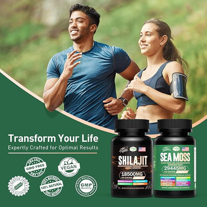 Sea Moss & Shilajit Multivitamin Bundle - Sea Moss 12000mg, Shilajit 9000mg, Black Seed Oil 6000mg, Ashwagandha 3000mg, Ginger,Rhodiola Rosea 2000mg, All in 1 Supplements (2 Pack)