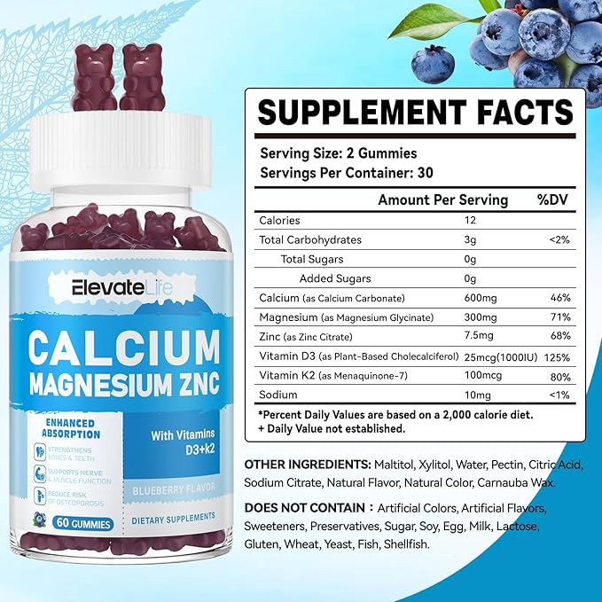 Calcium Magnesium Zinc Gummies with Vitamin D3 & K2 - High Potency Enhanced Absorption -60 Blueberry Gummies Flavored