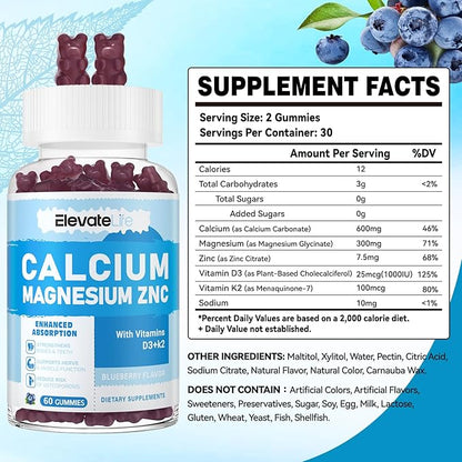 Calcium Magnesium Zinc Gummies with Vitamin D3 & K2 - High Potency Enhanced Absorption -60 Blueberry Gummies Flavored