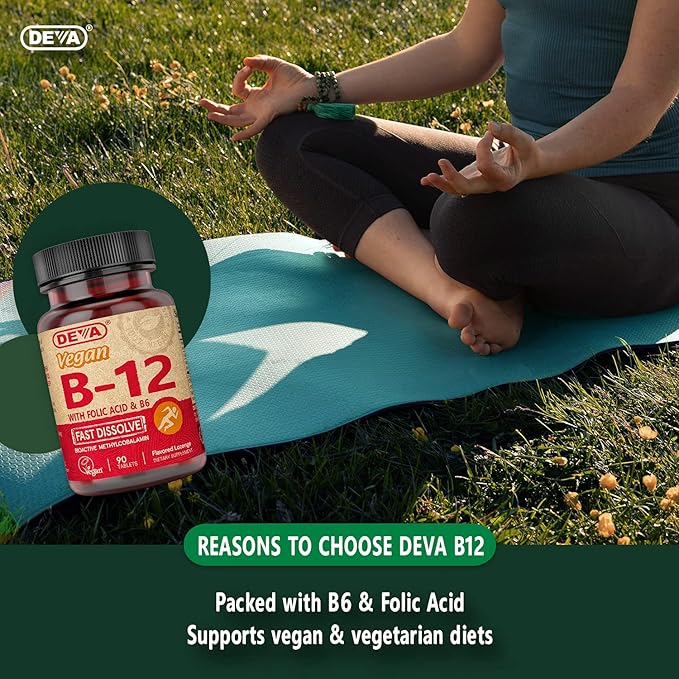 DEVA Vegan Vitamin B12 Fast Dissolve Supplement - Once-Per-Day Complex with 1000 Mcg Methylcobalamin B12, Folic Acid, B6 - Lemon Flavor - 90 Dissolvable Tablets,