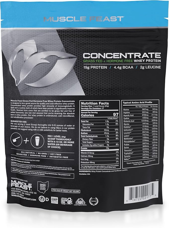 Muscle Feast Grass-Fed Whey Protein Concentrate Powder, All Natural Hormone Free Pasture Raised, Unflavored, 2lb
