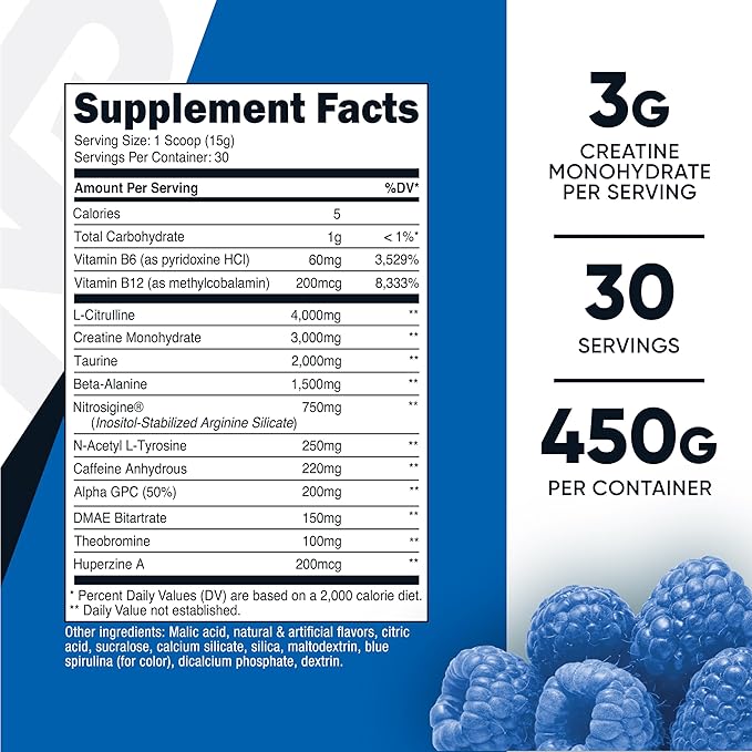 Nutricost Pre-C Pre-Workout Complex with Creatine (Blue Rasberry | 30 Servings) Powder - Boost Fintess Routines, 450g