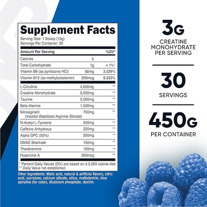 Nutricost Pre-C Pre-Workout Complex with Creatine (Blue Rasberry | 30 Servings) Powder - Boost Fintess Routines, 450g