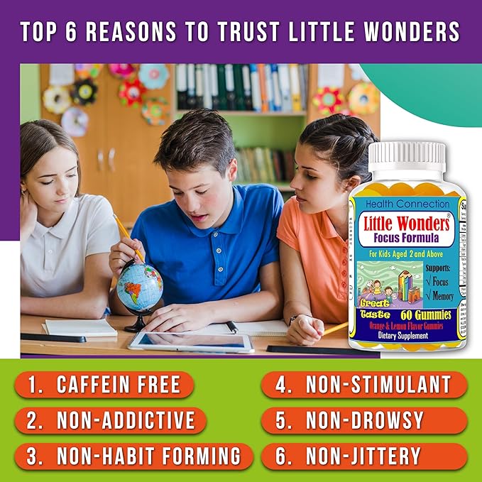 Littlewonders Kids Brain Supplements for Memory and Focus | Nootropics Brain Support Supplement | EPA DHA Omega 3 Childrens Vitamins | Vegan-Friendly, Non-GMO, Tasty Gummy Vitamins 60Ct