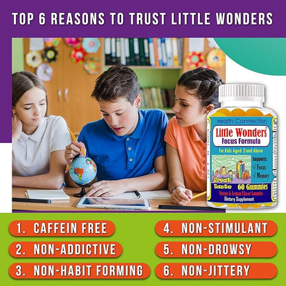 Littlewonders Kids Brain Supplements for Memory and Focus | Nootropics Brain Support Supplement | EPA DHA Omega 3 Childrens Vitamins | Vegan-Friendly, Non-GMO, Tasty Gummy Vitamins 60Ct