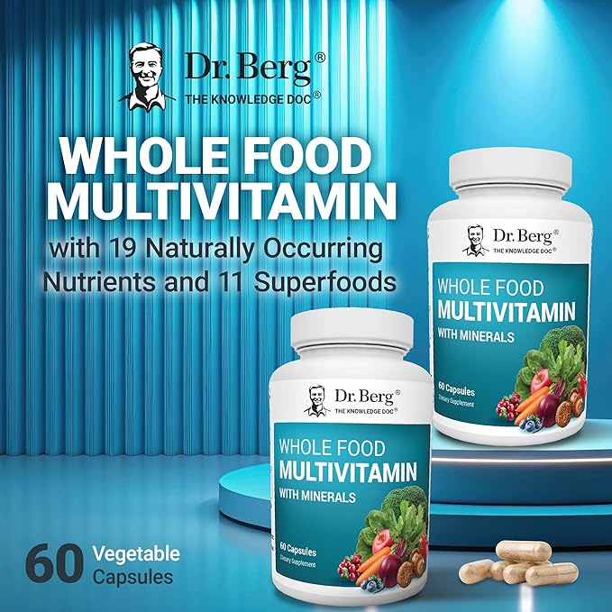 Dr. Berg Whole Food Multivitamin with Minerals - Daily Multivitamin for Men and Women - Includes Premium Whole Food Fruits and Vegetable Blend with Folate, Alpha-lipoic Acid and More - 60 Capsules