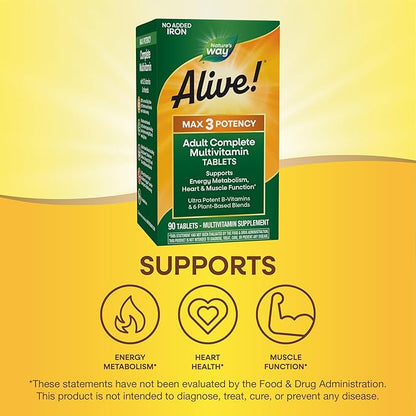 Nature's Way Alive! Max3 Potency Adult Complete Multivitamin, High Potency B-Vitamins to Support Energy Metabolism*, with Methylated B12 and Folate, No Added Iron, 90 Tablets (Packaging May Vary)