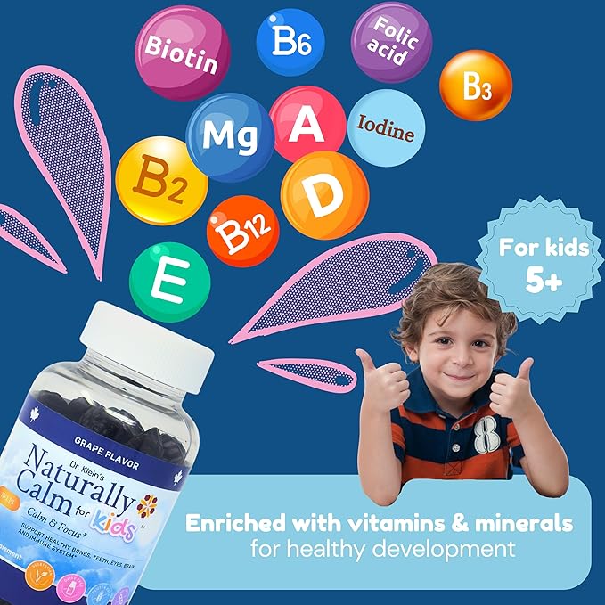 Dr. Klein's Naturally Calm Gummies for Kids - Chamomile, Linden, & Magnesium for Soothing Kids Ages 5+ Vitamins to Aid Sleep - Magnesium Gummies for Kids - Calm Chews for Kids - Grape Sugar-Free 30ct