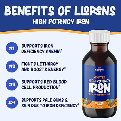 Iron Supplement High Potency Liquid Iron for Adults by Hematex - 100mg Polysaccharide Iron Complex Iron Supplements for Anemia and Iron Deficiency (Chocolate Caramel Flavor)