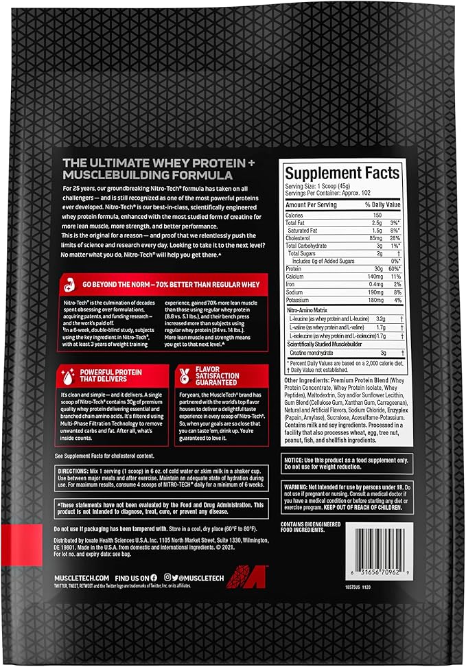 Muscletech Whey Protein Powder (Vanilla Cream, 10 Pound) - Nitro-Tech Muscle Building Formula with Whey Protein Isolate & Peptides - 30g of Protein, 3g of Creatine & 6.8g of BCAA