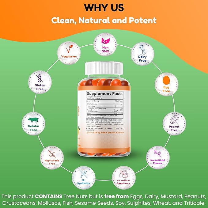 Vegetarian Vitamin D3 Gummies for Adults & Kids | 45-90 Servings, 2,000IU / 1,000IU | Non-GMO, Gluten-Free, Gelatin-Free | Supports Bones, Muscles & Immune System Halal Vitamins