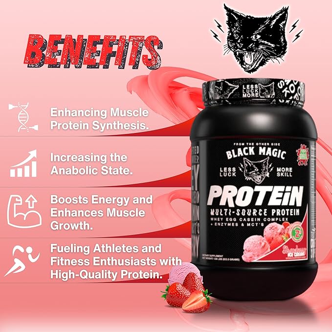 Worldwide Nutrition Bundle Compatible with Black Magic Protein Powder - Multi-Source Protein Whey, Egg & Casein Complex with Enzymes & MCT- 2LB Strawberry Ice Cream Flavor with Multi-Purpose Keychain