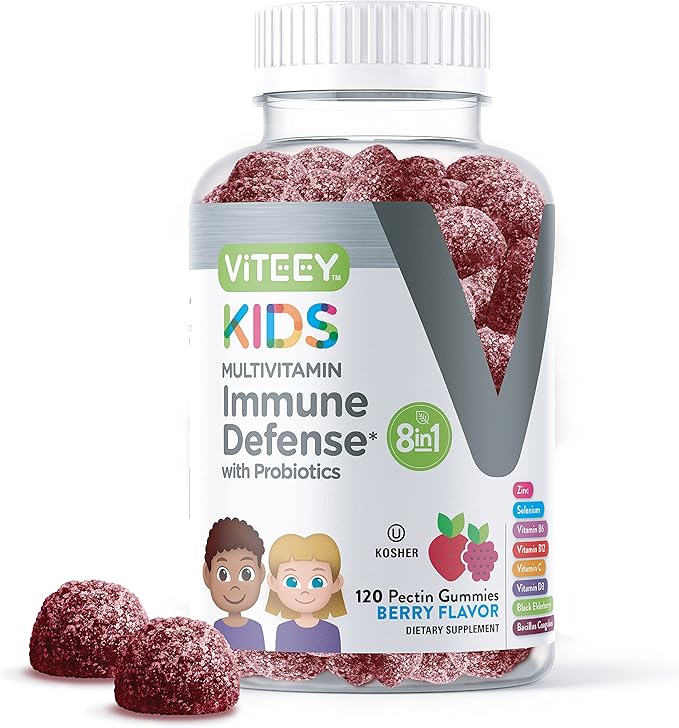 Kids Multivitamin Gummies with Probiotics - 8-1 Kids Vitamins for Immune Health Support with Vitamin C, D3, B12, B6, Zinc, Elderberry, Selenium - Vegetarian - Chewable Tasty Berry Flavored Gummy