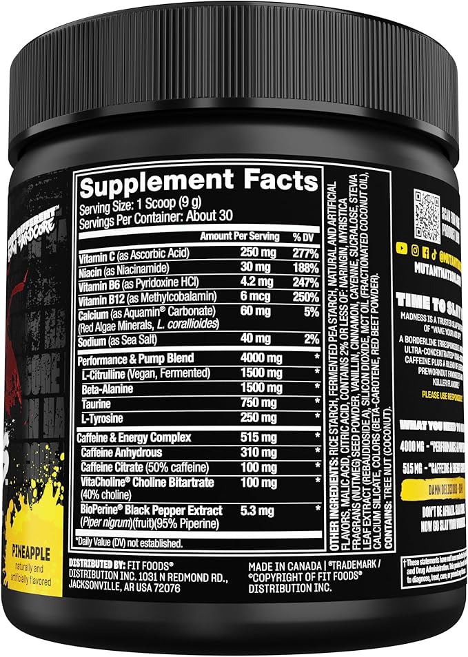Mutant Madness | Pre Workout Powder Supplement Performance and Pump Blend Includes L-Citrulline, Beta-Alanine, Taurine, L-Tyrosine | 30 Serving | Pineapple