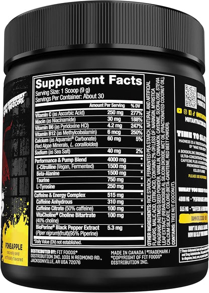 Mutant Madness | Pre Workout Powder Supplement Performance and Pump Blend Includes L-Citrulline, Beta-Alanine, Taurine, L-Tyrosine | 30 Serving | Pineapple