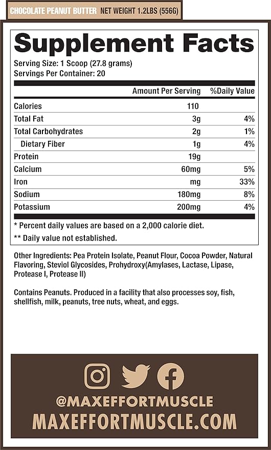MAX EFFORT Plant Protein Powder, 19 G Pea Protein, Plant Based, Gluten Free, Low Carb, Protein Shake or Smoothie Mix, Meal Replacement, No Whey, No Sugar Substitutes, Chocolate Peanut Butter, 20 Srvg