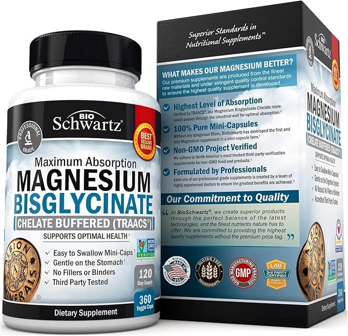 Magnesium Bisglycinate Chelated Supplement - High Absorption Magnesium Supplement for Muscle, Bone & Joint Support, Non-Laxative, Fully Buffered, Non-GMO, Maximum Bioavailability - 360 Capsules