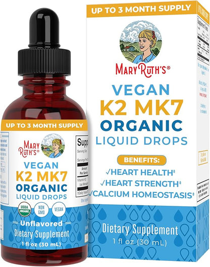 MaryRuth Organics USDA Organic Vitamin K2 MCT Liquid Drops for Adults & Kids | 100 mcg K2 MK7 per serving + Organic MCT Oil | Vegan K2 Vitamin for Bone Health | Heart Health | Calcium Absorption | 1oz