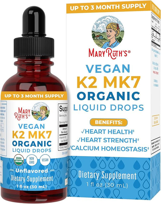 MaryRuth Organics USDA Organic Vitamin K2 MCT Liquid Drops for Adults & Kids | 100 mcg K2 MK7 per serving + Organic MCT Oil | Vegan K2 Vitamin for Bone Health | Heart Health | Calcium Absorption | 1oz