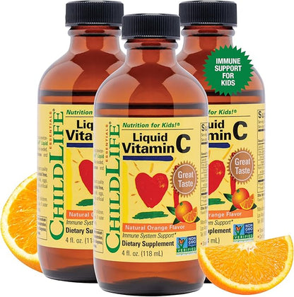 CHILDLIFE ESSENTIALS Liquid Vitamin C - Liposomal Vitamin C Liquid, Pure Vitamin C, Vitamin C for Kids, Liquid Supplement, Immune System Support, Great Taste - Natural Orange, 4 Fl Oz (Pack of 3)