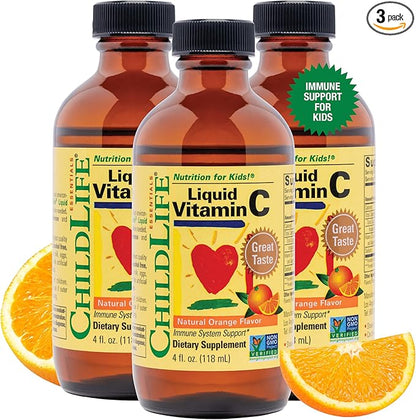 CHILDLIFE ESSENTIALS Liquid Vitamin C - Liposomal Vitamin C Liquid, Pure Vitamin C, Vitamin C for Kids, Liquid Supplement, Immune System Support, Great Taste - Natural Orange, 4 Fl Oz (Pack of 3)