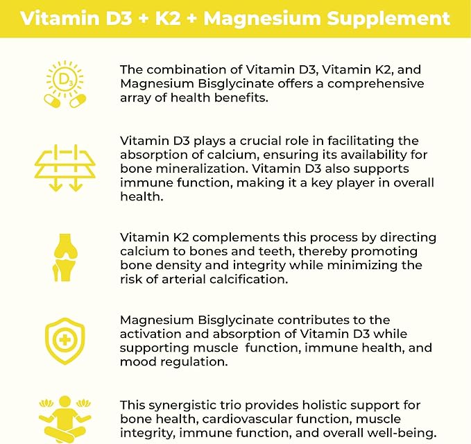Vitamin D3 5000 IU + K2 with Magnesium Bisglycinate for Max Absorption | 90 Capsules | Immune Support | Promotes Heart, Bone and Muscle Health