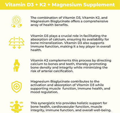 Vitamin D3 5000 IU + K2 with Magnesium Bisglycinate for Max Absorption | 90 Capsules | Immune Support | Promotes Heart, Bone and Muscle Health