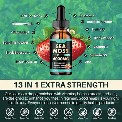 Irish Sea Moss Liquid Drops: Organic Sea Moss Supplement with Elderberry, Black Seed Oil, Turmeric, Quercetin - Detox Cleanse & Thyroid, Immune, Joint, Skin Support for Women & Men - Strawberry Flavor
