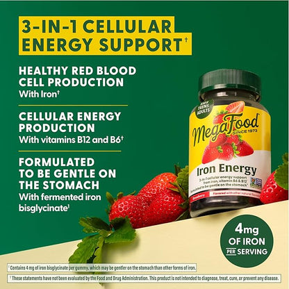 MegaFood Iron Energy Gummies - Vegan & Gluten-Free Iron Supplement for Women, Men, Teens & Kids with Vitamin B12 & B6, from The Makers of Blood Builder Iron Supplement, Strawberry Flavor - 60 Gummies