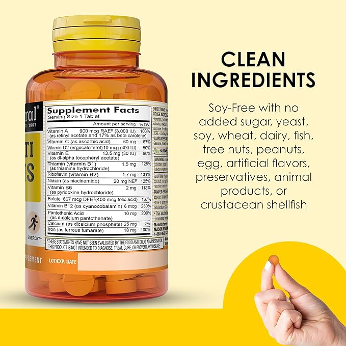 MASON NATURAL Daily Mini Multi Vitamins with Iron, Vitamins A, C, D, E, B1, B2, B3, B6, B12, Folate & Calcium, 100 Day Supply per Bottle (3-Pack)